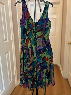 Vintage Andre Oliver Multicolor Abstract V‑Neck Mini Dress
